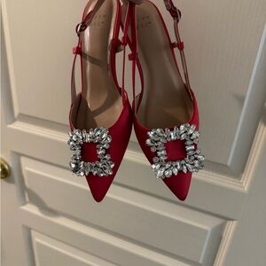 A New Day, Target- Elegant Red Satin Slingback Heels with Crystal Embellishments